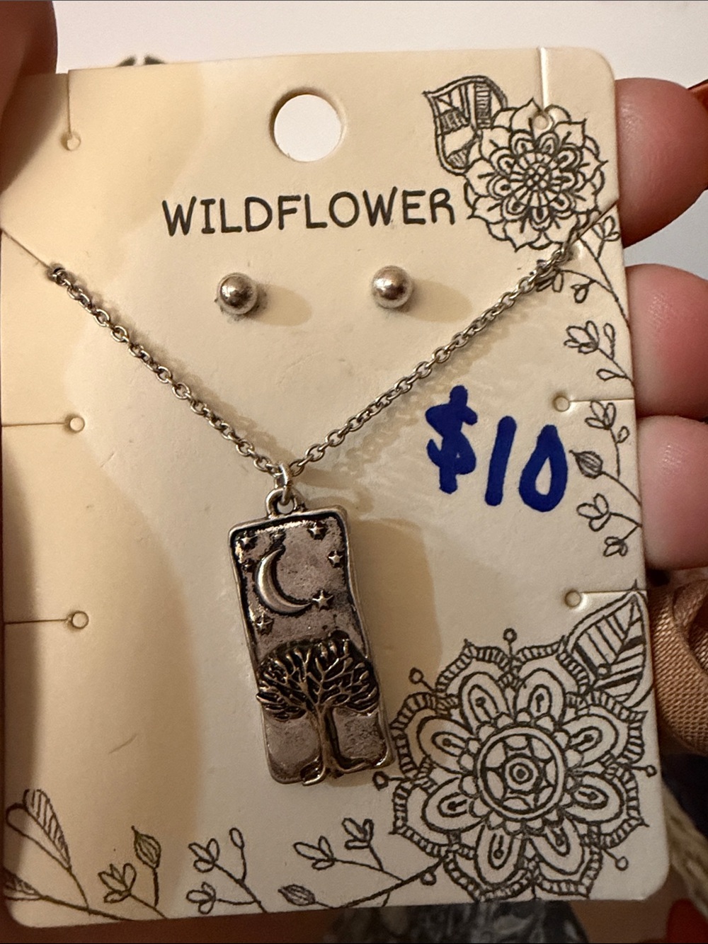 Wildflowers Silver Moon & Tree Bar Pendant Necklace - Silver